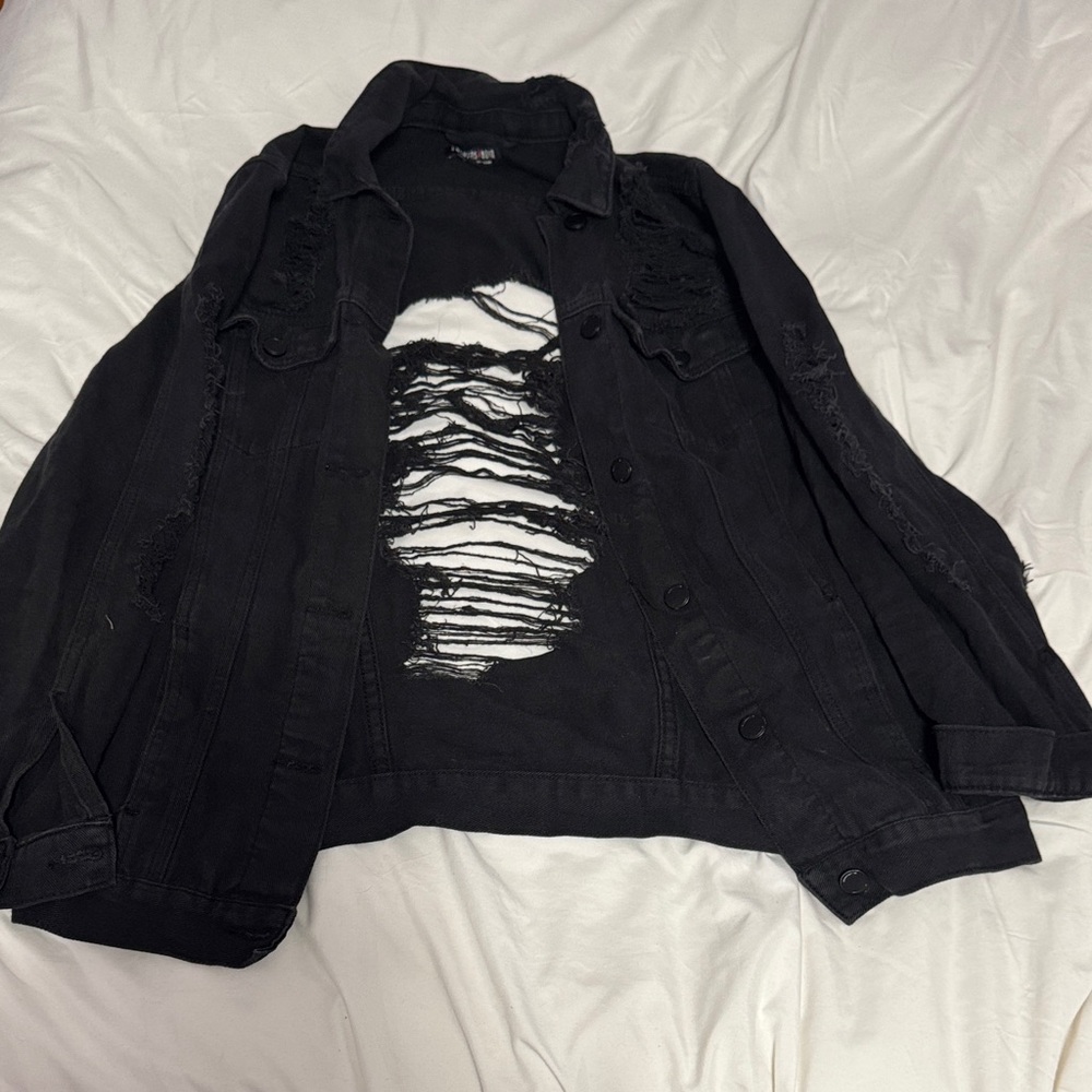 Fashion Nova Black Distressed Jean Jacket